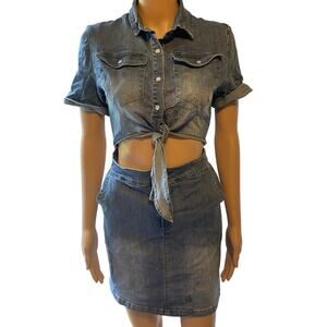 Y2K Mebon Mini Shirt Dress Women M Blue Denim Medium Wash Cut Out Belly Snap Tie